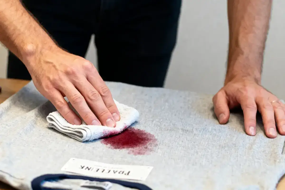 Une astuce de grand-mère pour une tache de vin rouge : une main tamponne délicatement une tache sur un t-shirt gris avec un chiffon blanc.