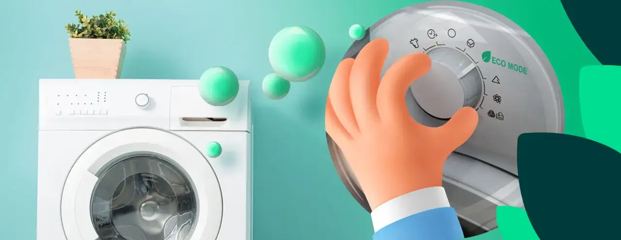 Main d'une cartoon s&eacute;lectionnant le mode &eacute;co sur une machine &agrave; laver, pour une meilleure consommation d'eau et de lessive.