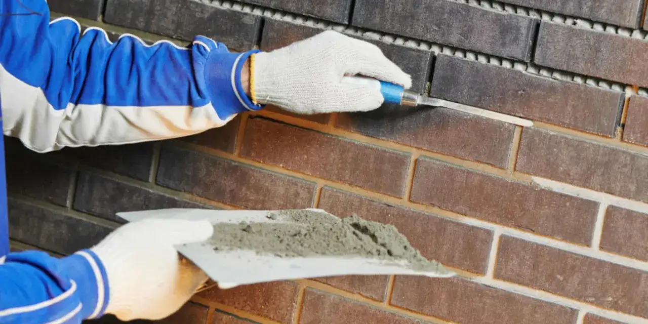 Maintenant, comment nettoyer des briques apr&egrave;s avoir fait les joints. Un ouvrier en bleu et blanc utilise un outil pour lisser le mortier.