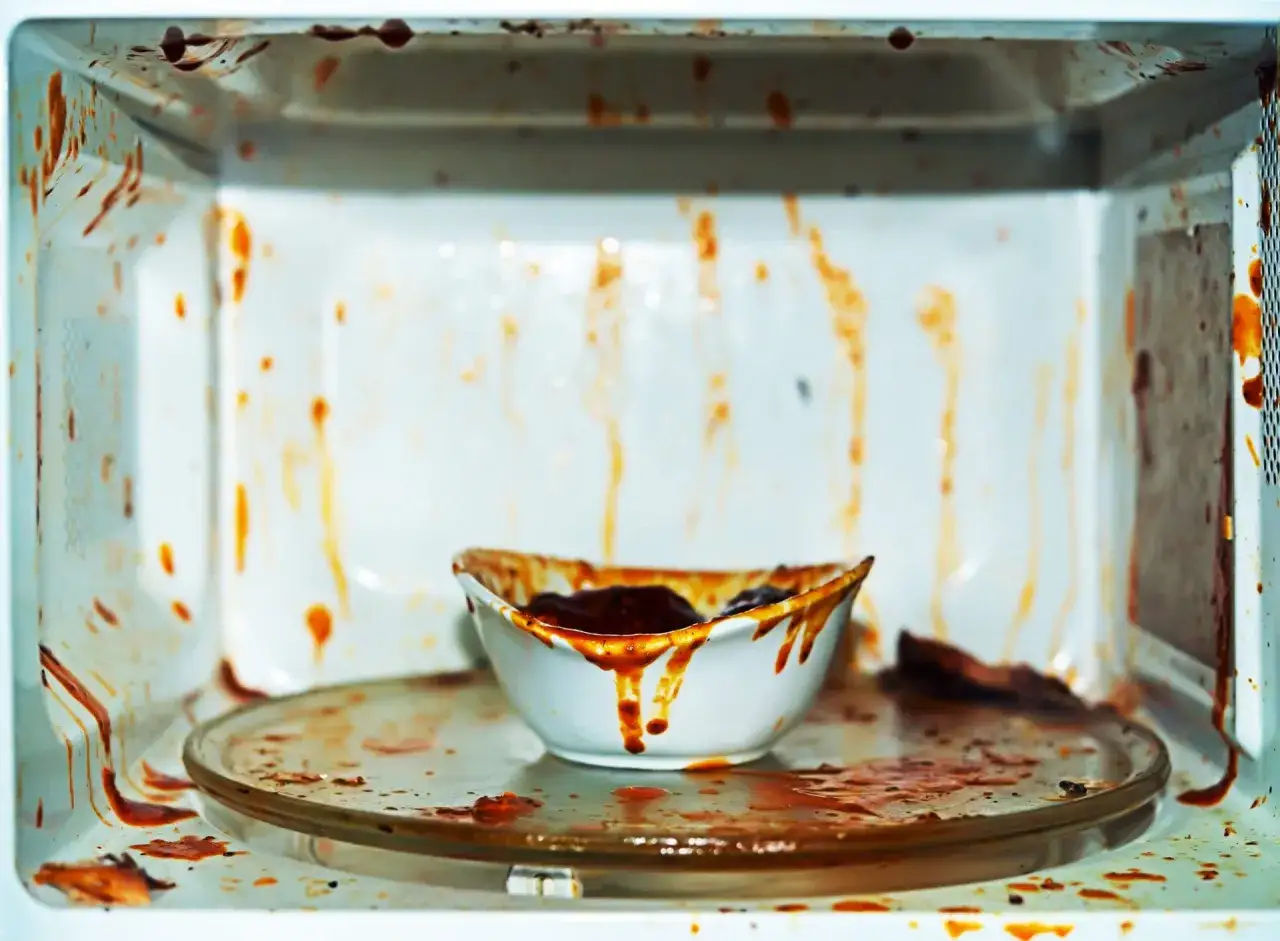 Intérieur d'un micro-ondes très sale, couvert de projections de sauce tomate. Une tâche de sauce dégouline d'un bol blanc. Il est temps de nettoyer ce micro-ondes très sale.