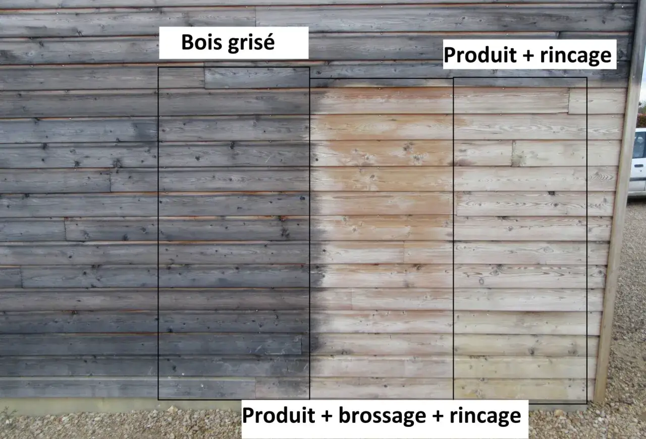 Comparaison avant/après d'un bois grisé traité avec un dégriseur Ipe. Le produit + brossage + rinçage redonne sa couleur d'origine au bois.