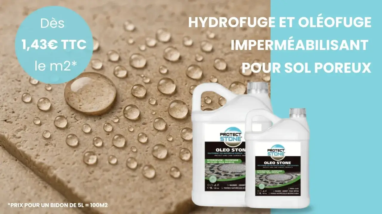 Des gouttes d'eau sur une pierre poreuse illustrent la différence entre hydrofuge et oléofuge, pour protéger vos sols.