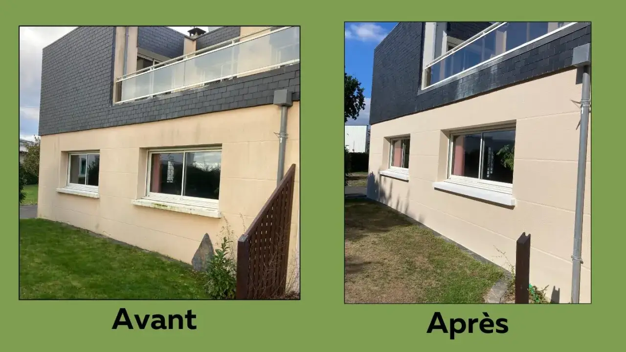 Avant/Apr&egrave;s : le mur ext&eacute;rieur a &eacute;t&eacute; nettoy&eacute;, enlevant le vert et la salet&eacute;.