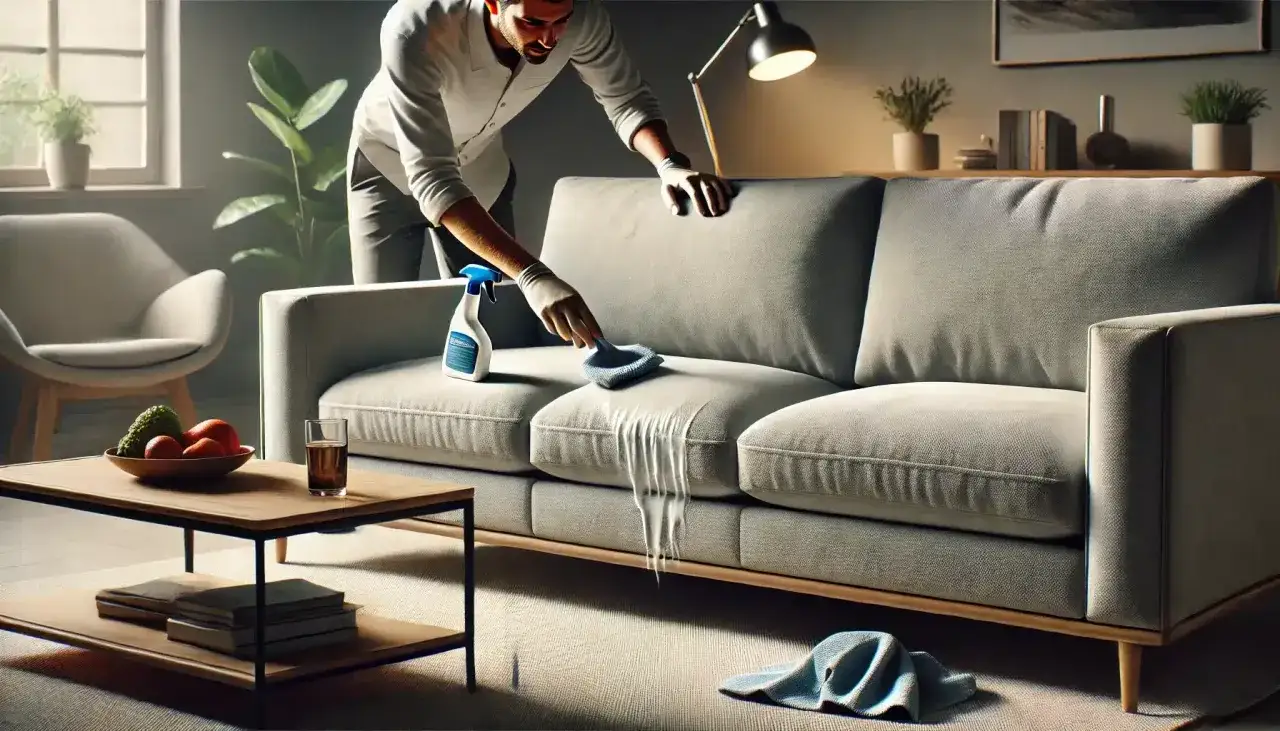 Un homme nettoie un canap&eacute; en alcantara avec un spray et une brosse. Il est important de savoir comment nettoyer un canap&eacute; en alcantara pour le garder en bon &eacute;tat.