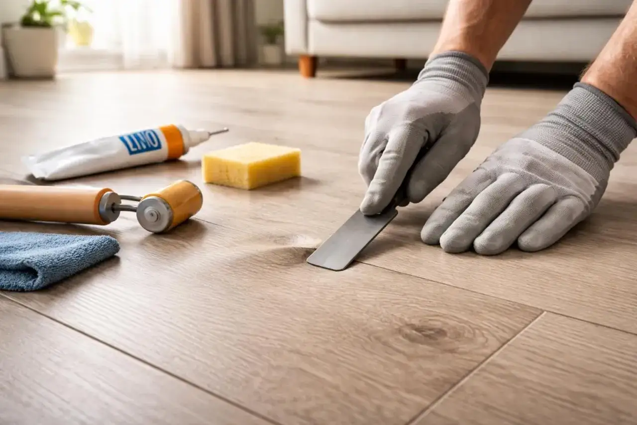 Gants gris, spatule et produits pour faire briller un lino terne. Un rouleau et une éponge sont à proximité.