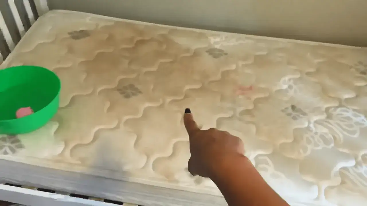 Maintenant, il faut nettoyer matelas pipi. Une main pointe une tache sur le matelas, &agrave; c&ocirc;t&eacute; d'un bol vert.