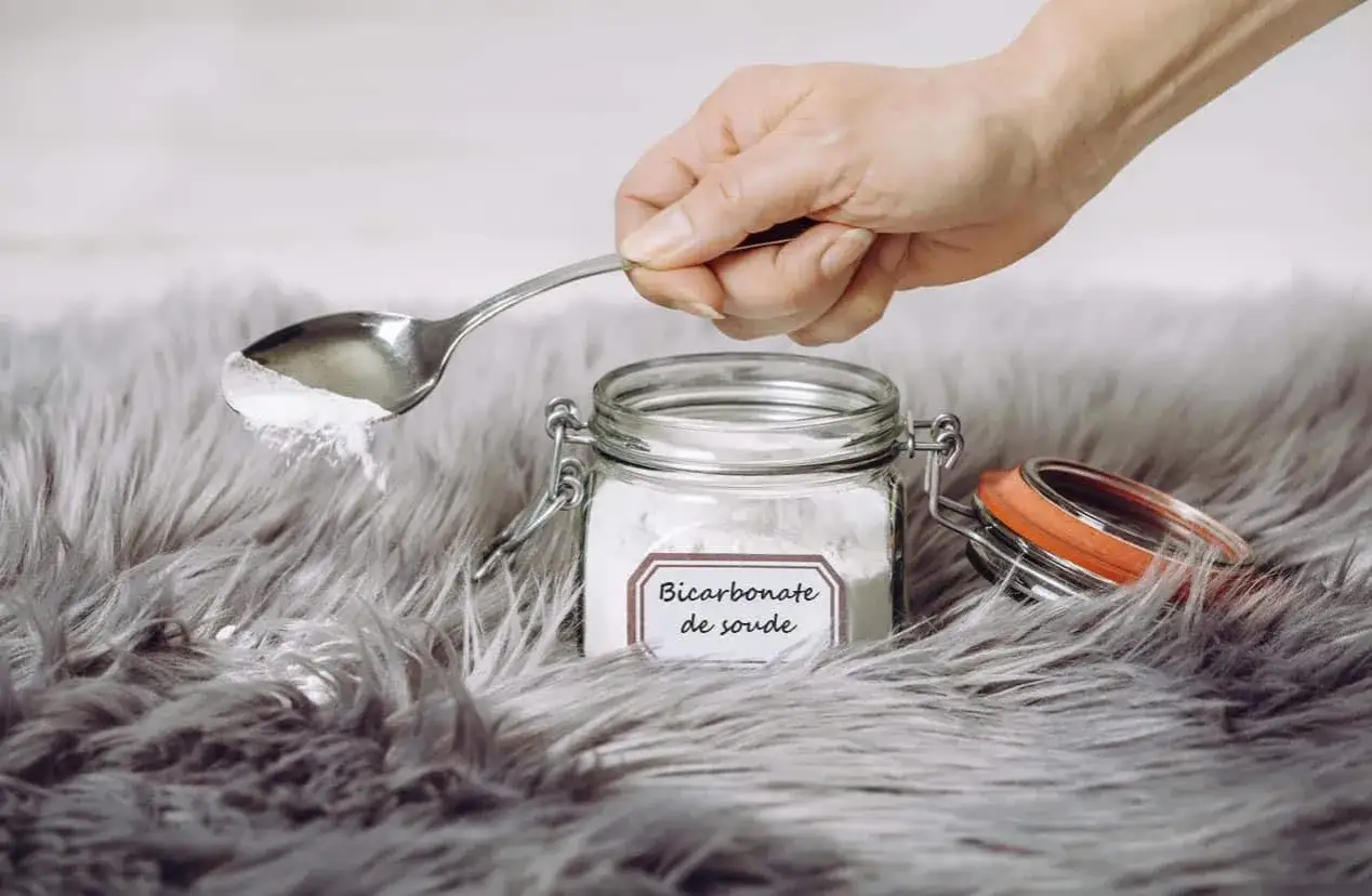 Une main tient une cuill&egrave;re de bicarbonate de soude au-dessus d'un tapis moelleux. Le bicarbonate de soude est un produit naturel et polyvalent pour le nettoyage.