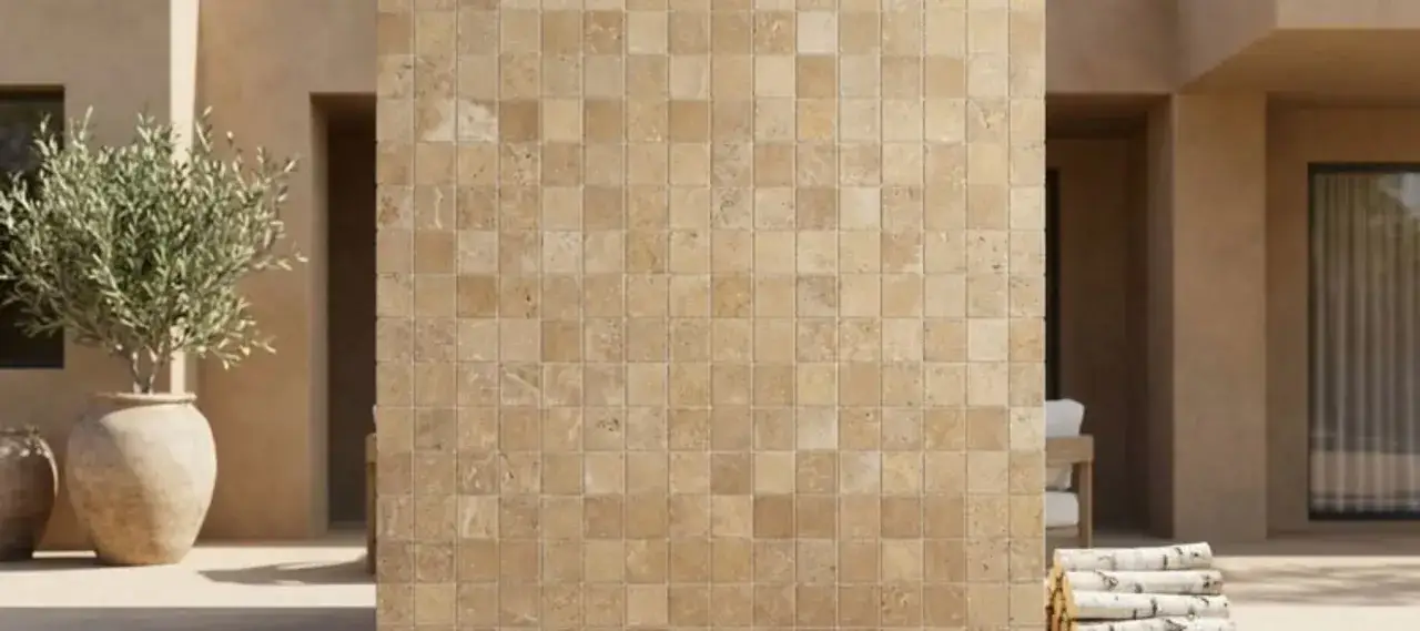 Un mur ext&eacute;rieur habill&eacute; de petits carreaux de travertin. L'image montre comment poser du travertin au mur pour un rendu chaleureux et naturel.