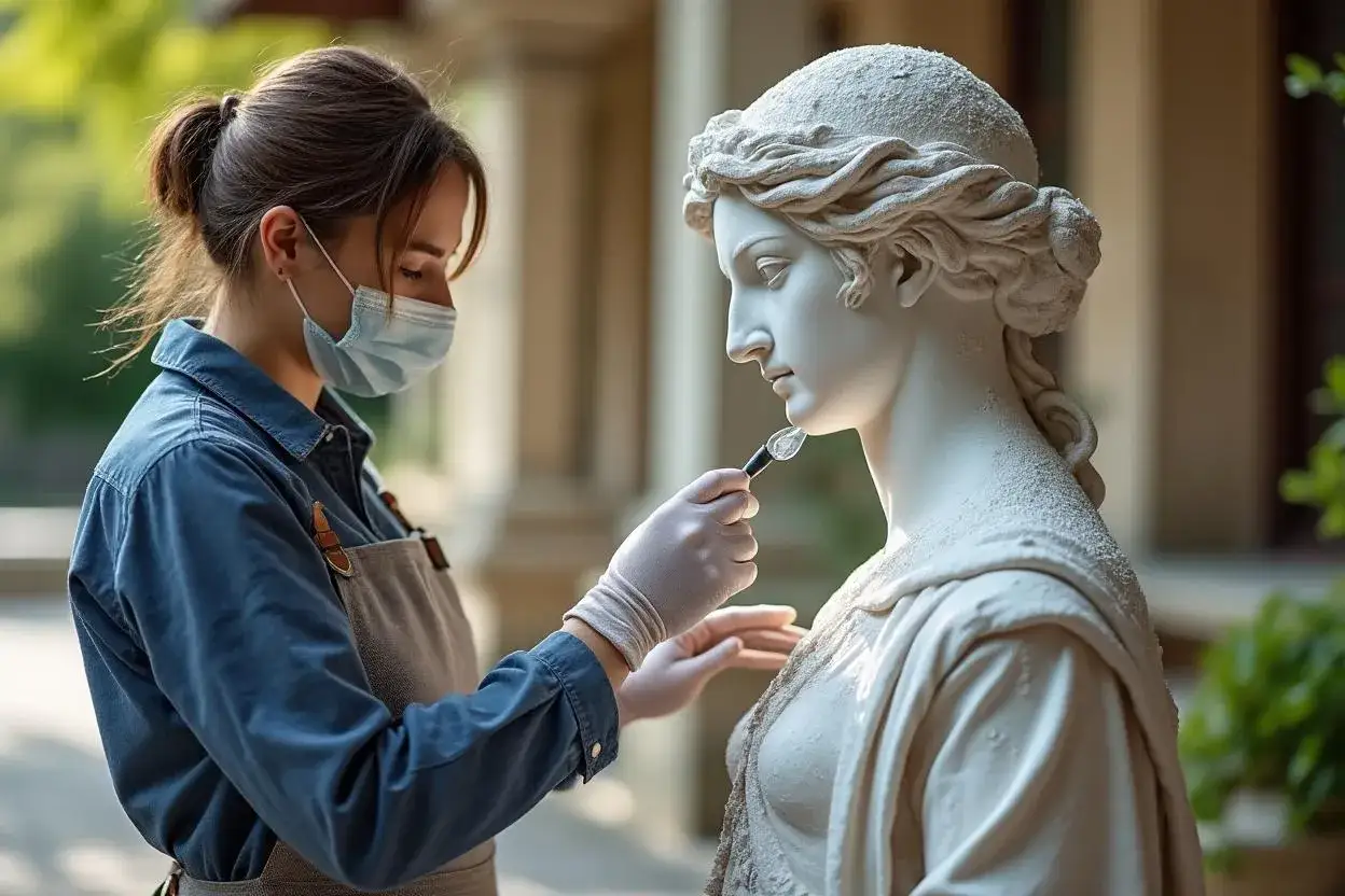 Une femme masquée et gantée nettoie délicatement une statue de jardin en pierre, montrant comment nettoyer une statue de jardin en pierre.