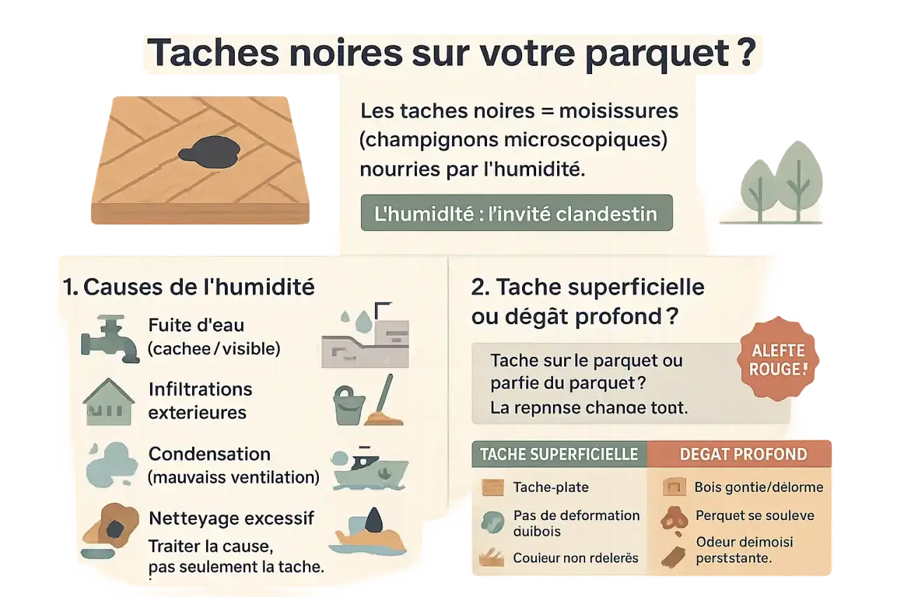 Illustration d'un parquet avec une tache noire, symbole de moisissures caus&eacute;es par l'humidit&eacute;. Le parquet noirci par l'humidit&eacute; peut indiquer un probl&egrave;me plus profond.