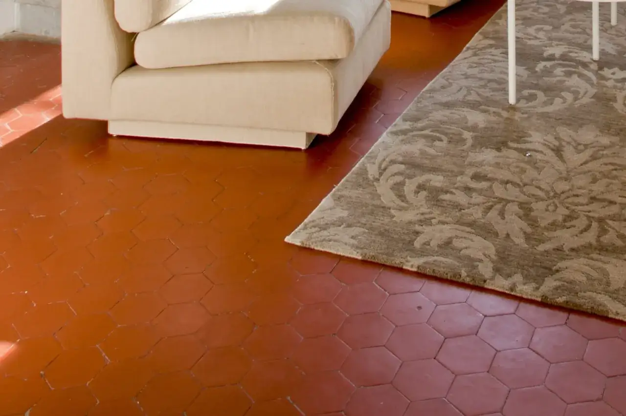 Sol en tomettes hexagonales, freshly cleaned. Un tapis orné d'un motif floral repose à côté d'un canapé clair.