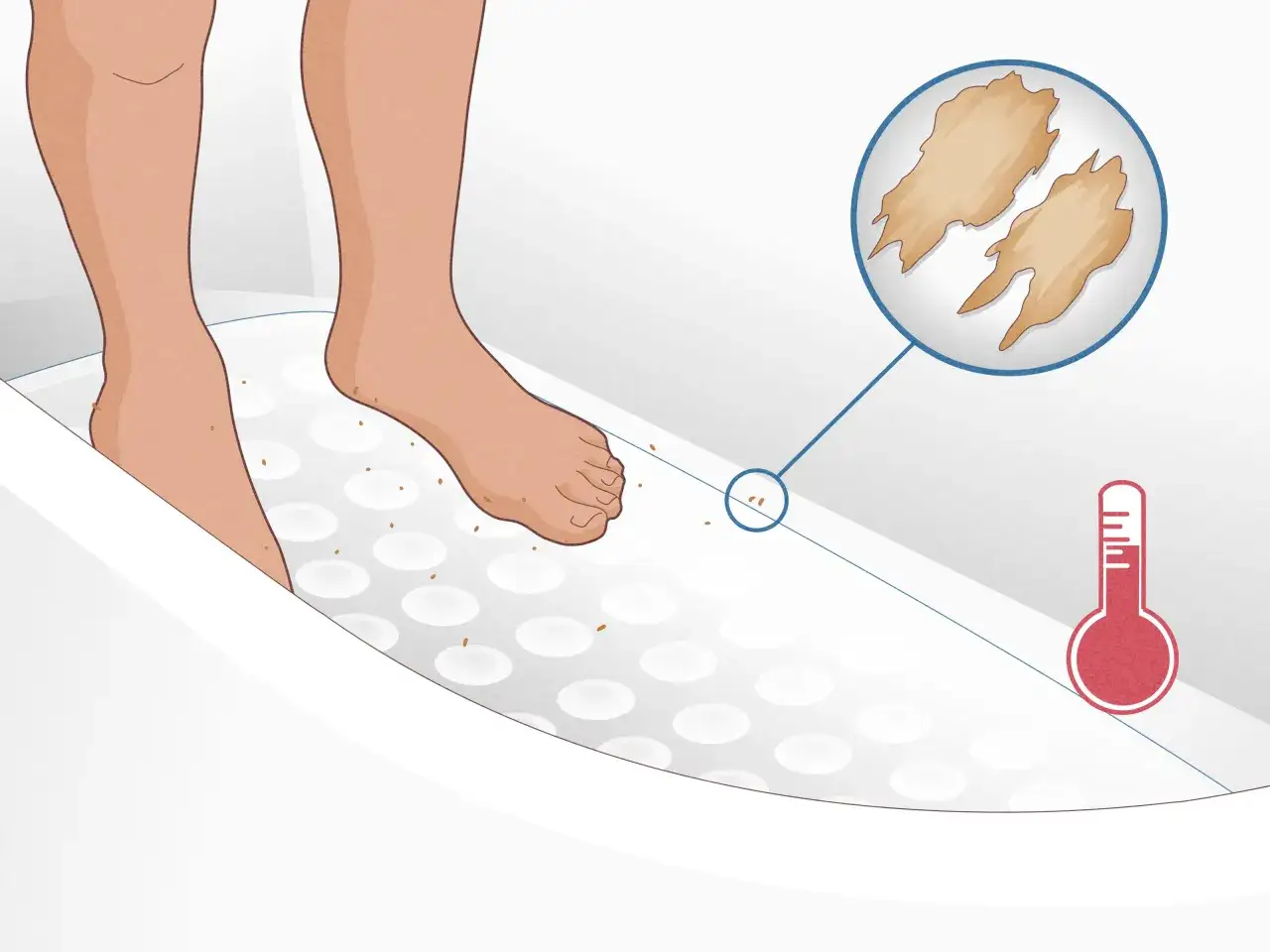 Pieds sur un tapis de bain textur&eacute;, avec un zoom sur des particules et un thermom&egrave;tre. Pour savoir a combien laver un tapis de bain, il faut consid&eacute;rer ces &eacute;l&eacute;ments.
