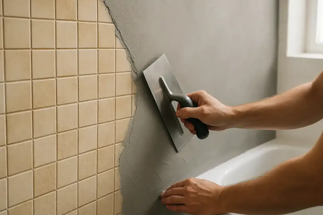 Application d'enduit pour vitrifier un carrelage de salle de bain. Un artisan lisse le mur avec une truelle.