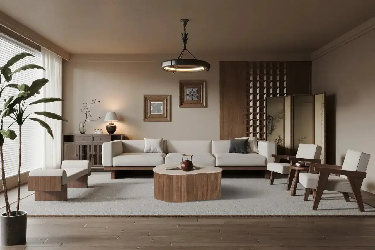 Salon épuré avec canapé blanc, table basse en travertin et bois, fauteuils et paravent d'inspiration asiatique.