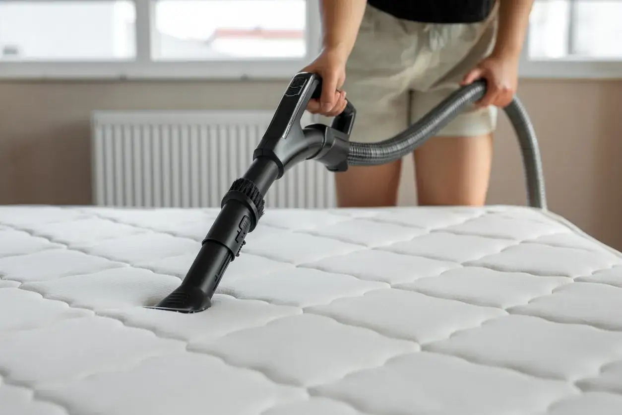 Une personne utilise un aspirateur pour nettoyer un matelas blanc. C'est une m&eacute;thode simple pour savoir comment nettoyer un matelas &agrave; sec.