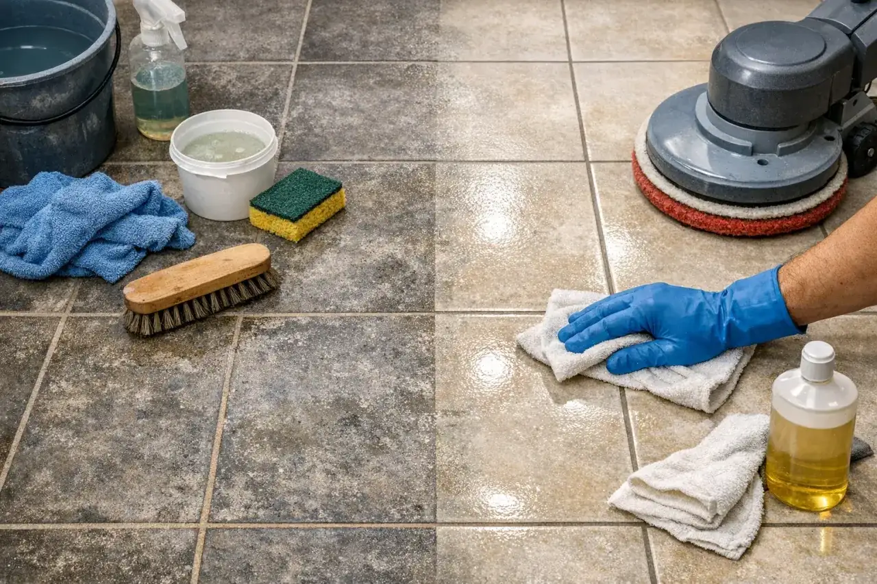 Avant/apr&egrave;s : le carrelage sale est transform&eacute; en une surface &eacute;clatante gr&acirc;ce &agrave; un nettoyage professionnel. L'objectif est de faire briller le carrelage.