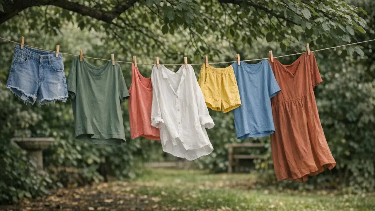 Vêtements colorés suspendus sur une corde à linge, prêts à raviver les couleurs du linge au soleil.