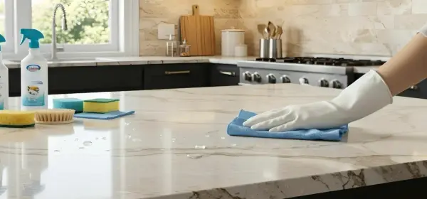 Main dans un gant blanc essuyant un comptoir en marbre avec un chiffon bleu. Des produits de nettoyage et des éponges sont visibles. Un bon traitement pierre pour une cuisine éclatante.