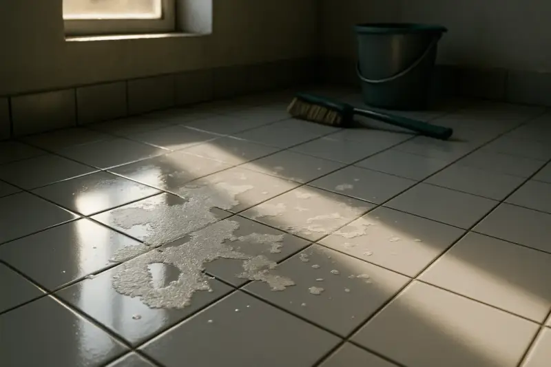 Nettoyage de tomettes avec un seau, une brosse et une flaque d'eau, peut-être pour décaper tomettes acide chlorhydrique.