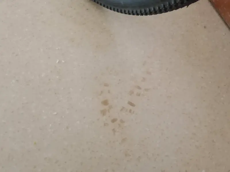 Une trace de lino tache incrustée sur le sol.