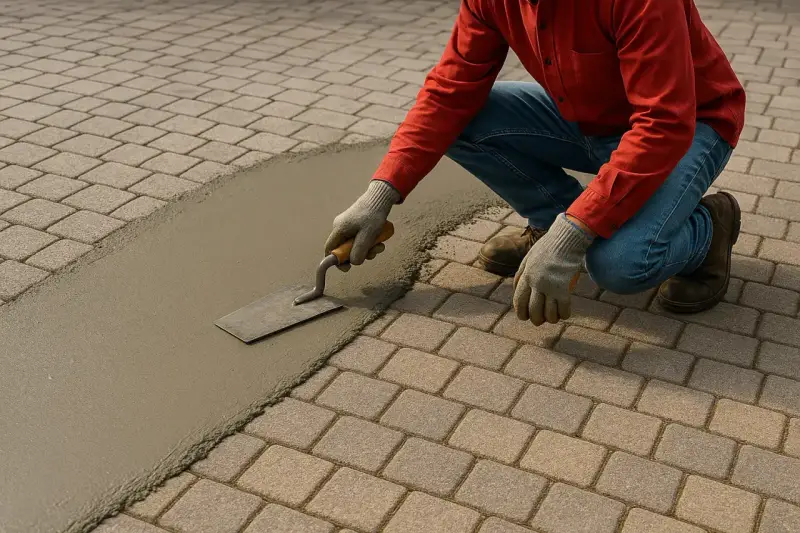 Un ouvrier utilise une truelle pour lisser du mortier sur des pavés autobloquants, préparant le terrain pour une nouvelle finition.