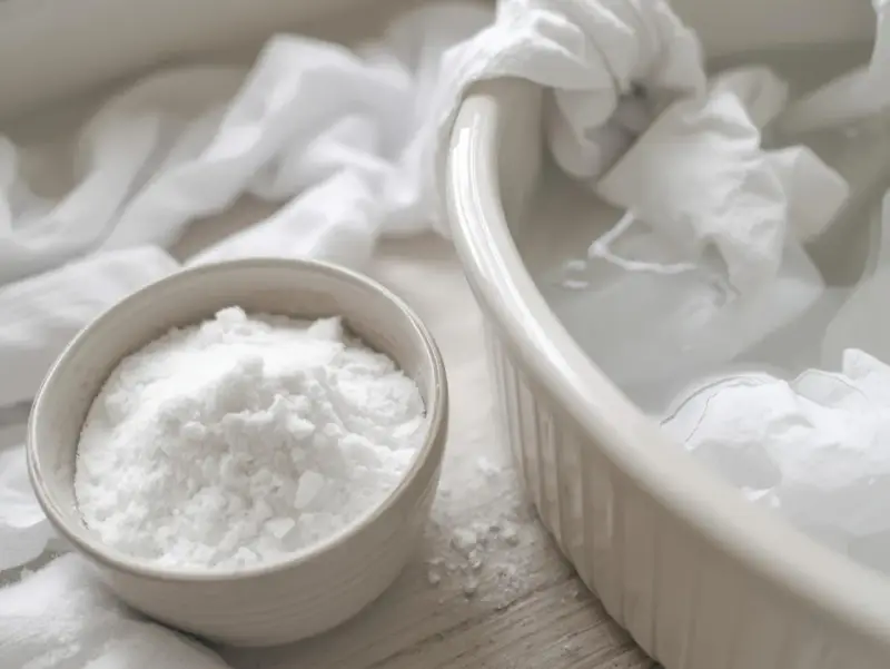 Un bol de bicarbonate de soude à côté d'un plat rempli d'eau et de linge blanc. Idéal pour éliminer les taches jaunes.