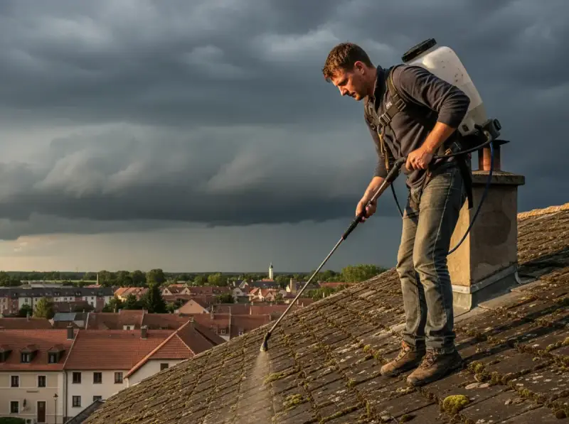 Un homme traite un toit couvert de mousse, sous un ciel orageux. Il se demande combien de temps avant pluie son anti-mousse sera efficace.