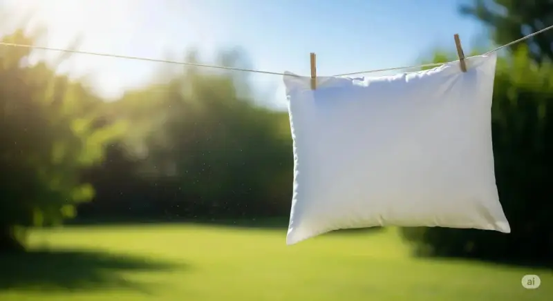Un oreiller blanc sèche au soleil, suspendu à une corde à linge avec des pinces à linge. Un symbole de fraîcheur et de propreté après un bon nettoyer oreiller.