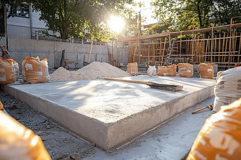 Préparation pour rénover une terrasse en dalle béton : sacs de ciment, sable et une dalle fraîchement coulée sous le soleil.