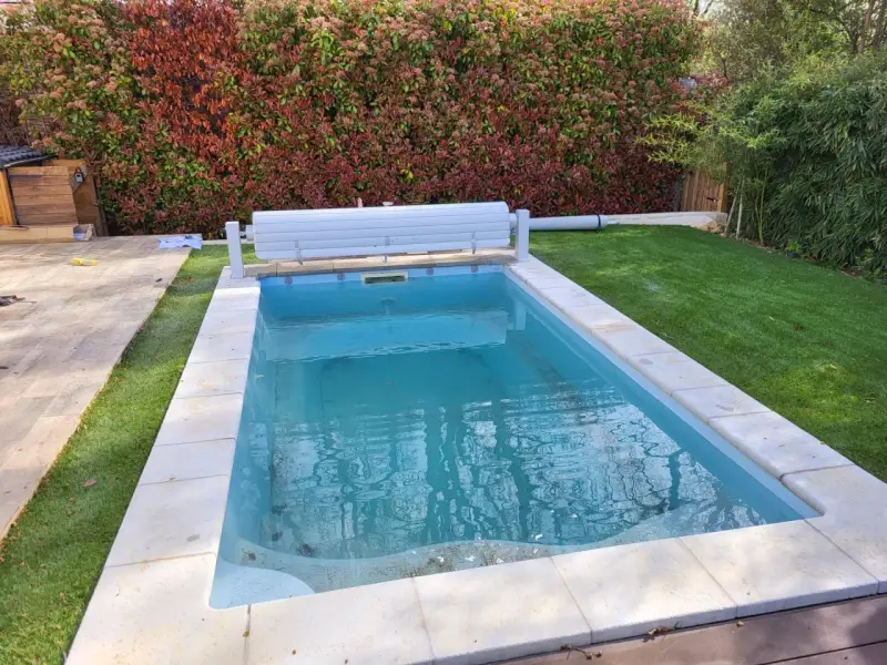 Piscine en béton avec des taches noires sur le fond, entourée de gazon et d'une haie.